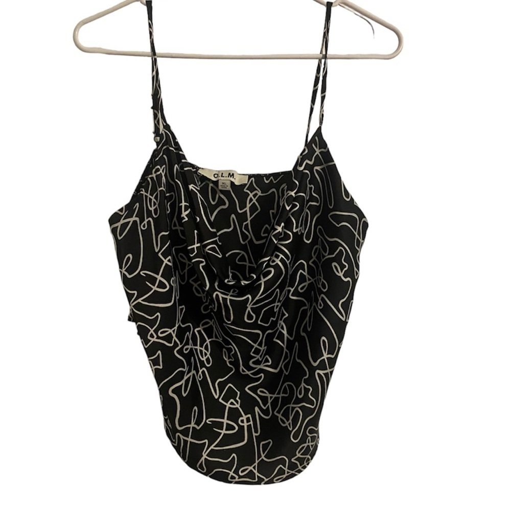 OLM Black White Abstract Draped Sleeveless Classy Casual Top